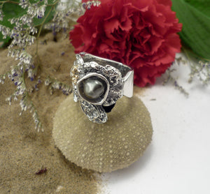 Bol de rêve perle noire, bague brute oxydée en argent sterling avec perle keshi et Or!