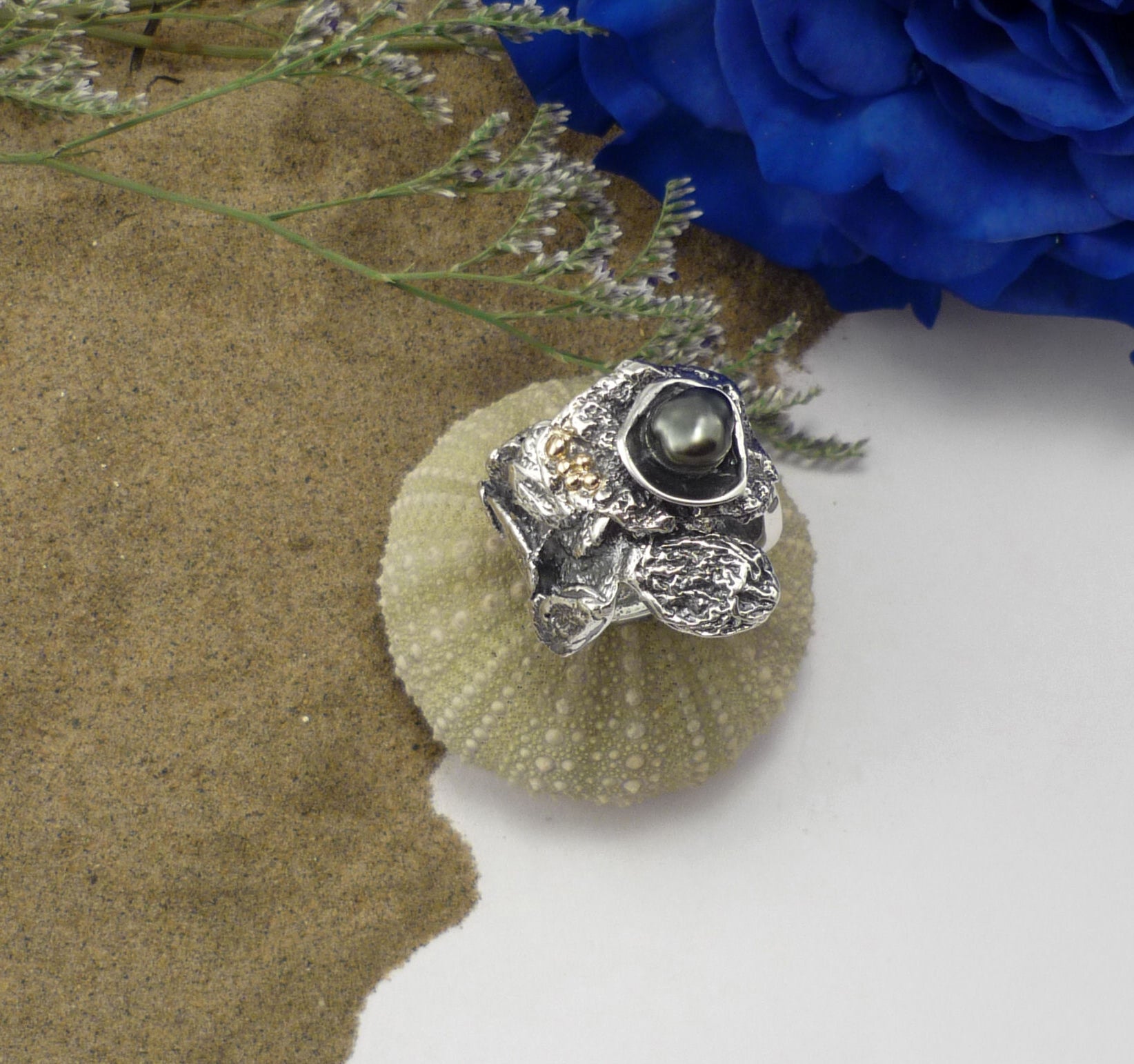 Bol de rêve perle noire, bague brute oxydée en argent sterling avec perle keshi et Or!