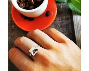BARISTA DELICATE RING, simple sterling silver band with a coffee bean imprint.