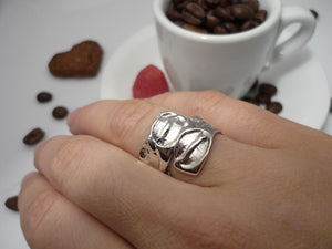 MOCCACHINO, adjustable sterling silver ring with original imprint of coffee bean and sea urchin shell
