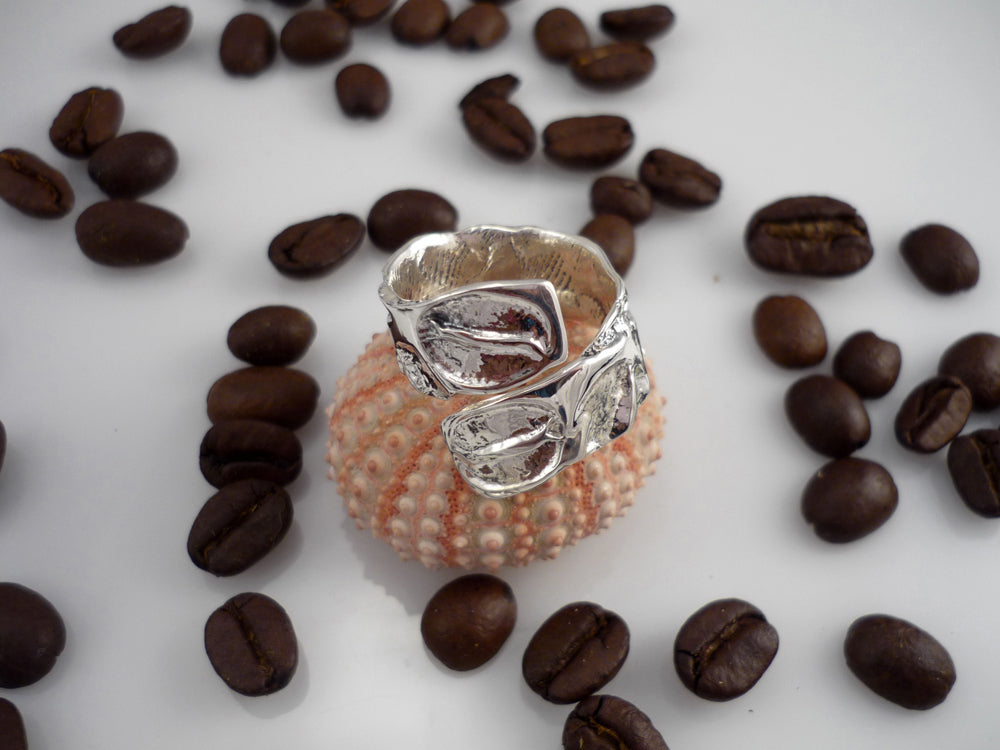 MOCCACHINO, adjustable sterling silver ring with original imprint of coffee bean and sea urchin shell
