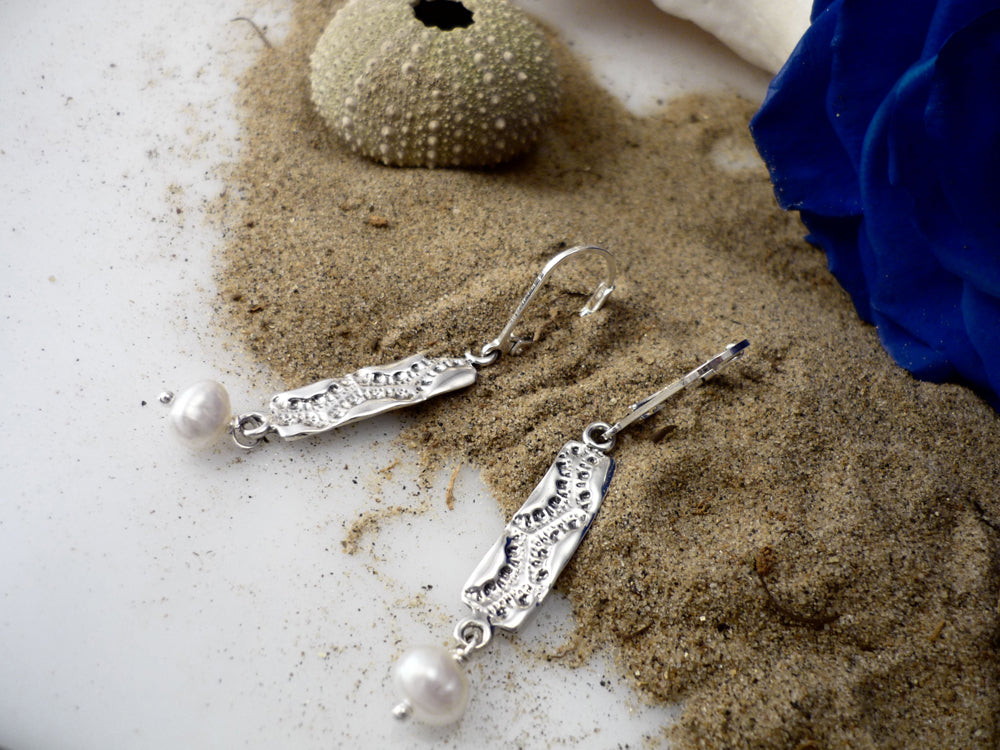 BEADED LACE, sterling silver and freshwater pearl earrings with a sea urchin shell simprint