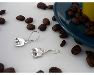 BARISTA, square sterling silver earrings with a coffee bean imprint!