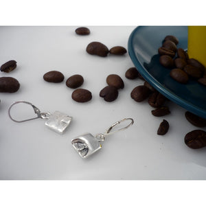 BARISTA, square sterling silver earrings with a coffee bean imprint!