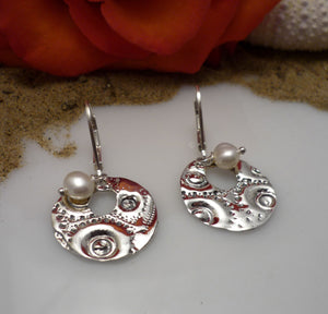 PEARLED SAND DOLLARS, sterling silver and freshwater pearl earrings with a organic texture