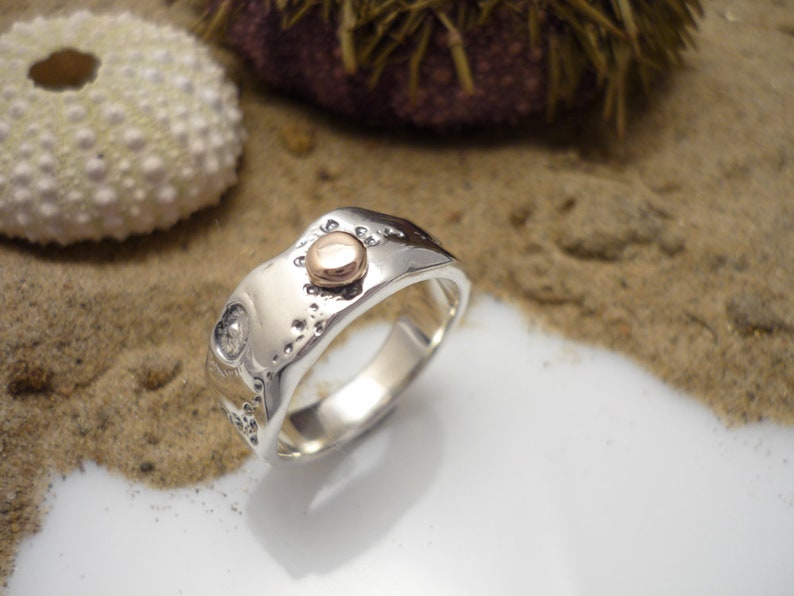 GOLDEN EKHINOS, sterling silver ring and solid 10k rose gold handmade in Canada with asea urchin shell imprint