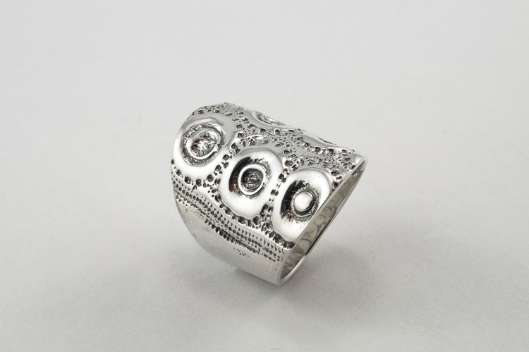 TEXTURE, wide sterling silver ring with a sea urchin shell imprint hancrafted in Canada
