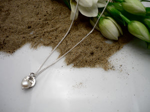 SMALL BEADED MOON, sterling silver pendant and dangling freshwater pearl
